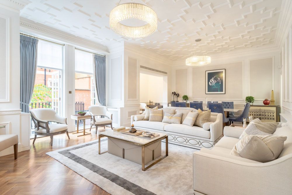 ft-architects-aldford-street-living-room Restored living and dining room with decorative plaster ceiling, blue curtains and parquet flooring